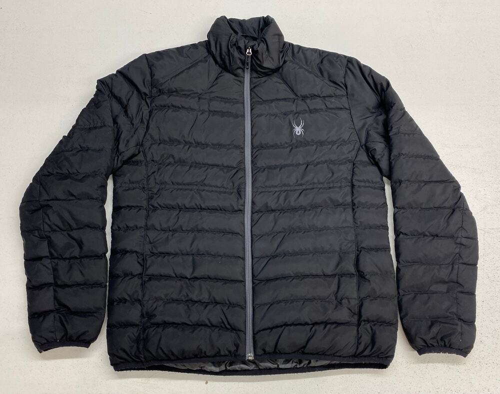 Men Spyder Prymo Down solid black puffer zip-up down jacket coat, L
